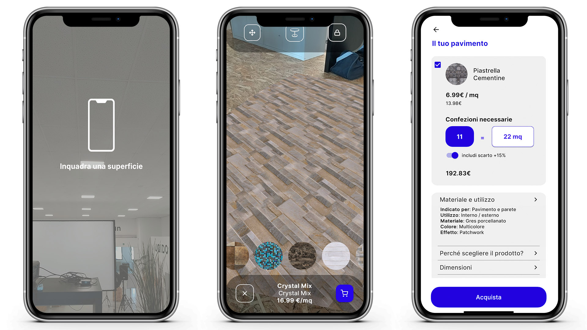 Schermate utilizzo dell'app per posizionare pavimenti